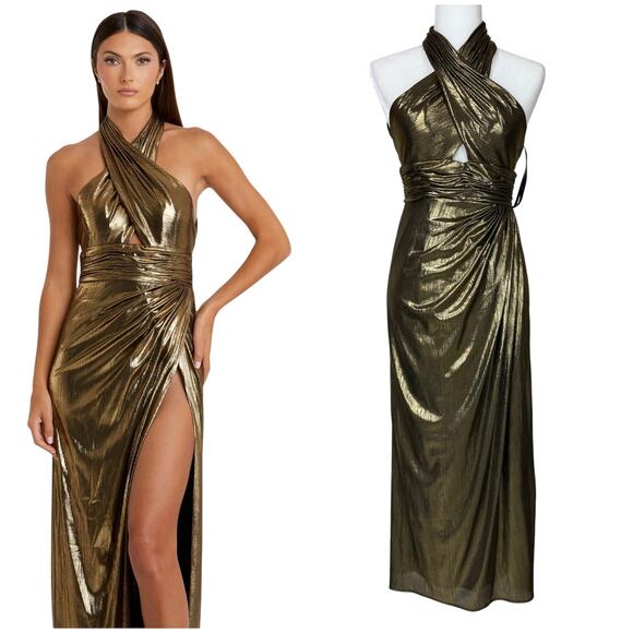 Mac Duggal NWT Gold Metallic Criss Cross Halter Neck Midi Dress Size 2 High Slit - Picture 1 of 10